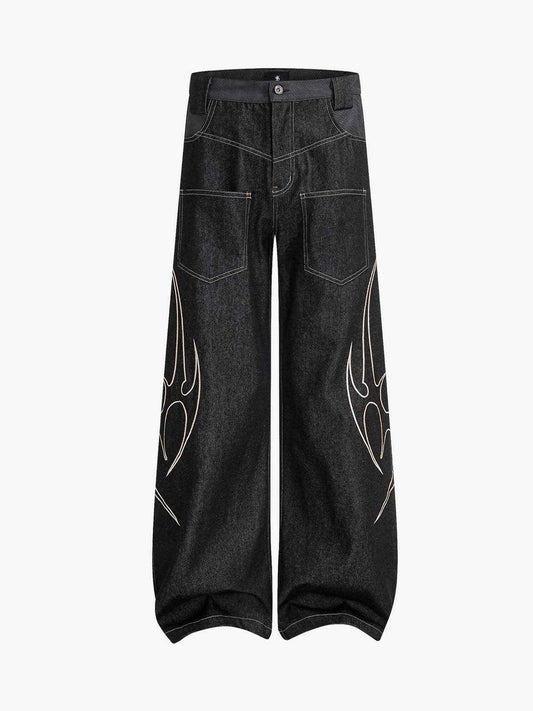 Flame Embroidered Wide Leg Washed Denim Jeans