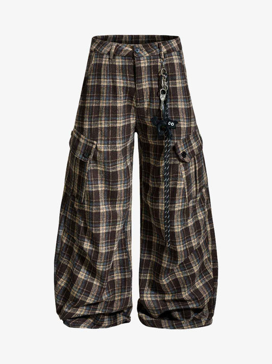 Vintage Plaid Pleated Multi-Pocket Cargo Casual Pants - 2524