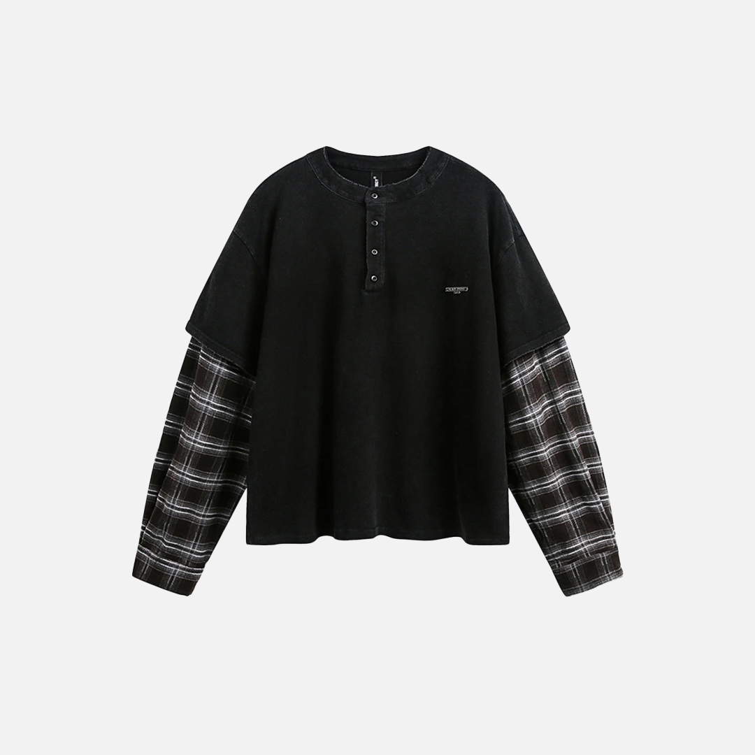 Plaid Patchwork Fake Two-Piece Long Sleeve T-Shirt - Luxuryurbanwear