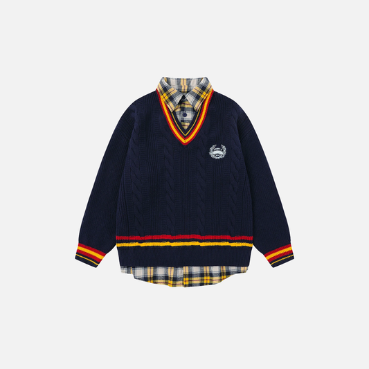 Oversized Varsity Patchwork Double Layers Knit Sweater - Luxuryurbanwear