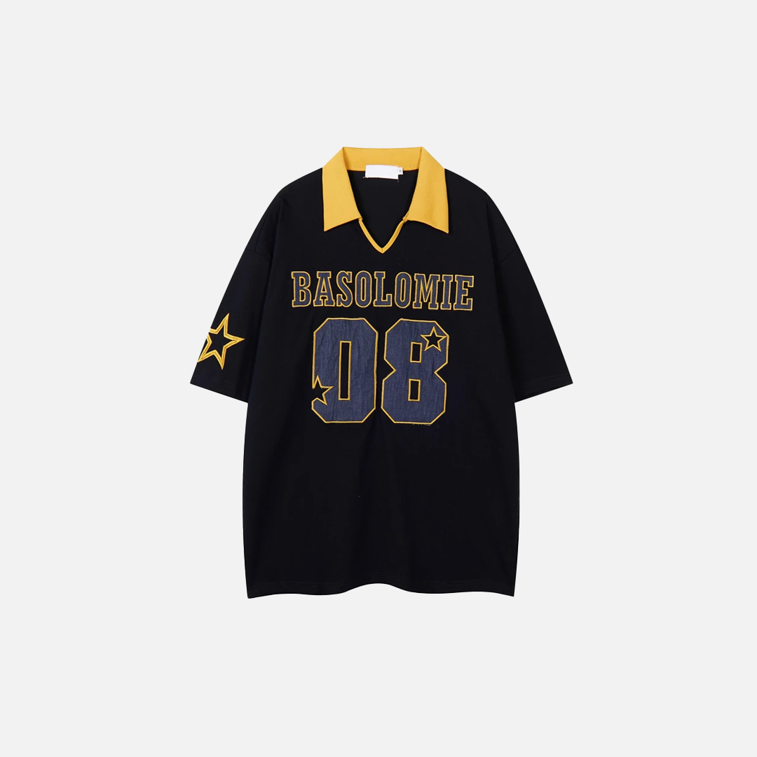 Starry Embroidered Turn Down Collar Hip Hop Casual T-Shirt - Luxuryurbanwear