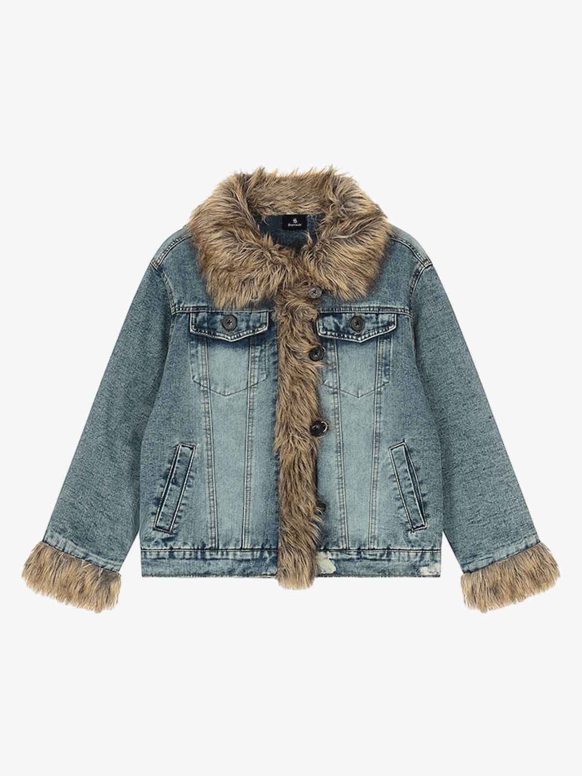 Vintage Faux Fur Trim Washed Padded Denim Jacket