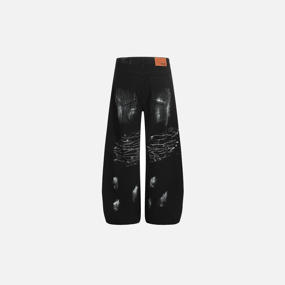 Streetwear Black Diamond Star Patchwork Wide Leg Jeans - Luxuryurbanwear
