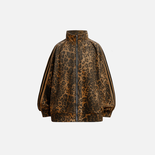 Leopard Zipper Retro Stand-Up Collar Suede Jacket - Luxuryurbanwear