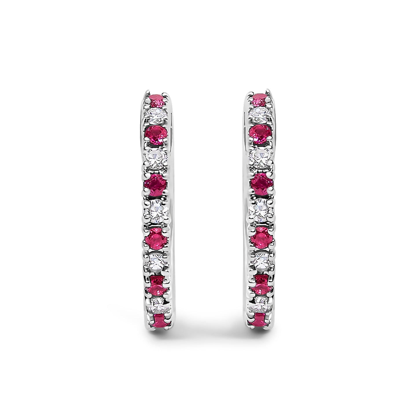 10K White Gold Alternating Diamond and Red Ruby Huggy Hoop Earrings (I-J Color, I1-I2 Clarity)