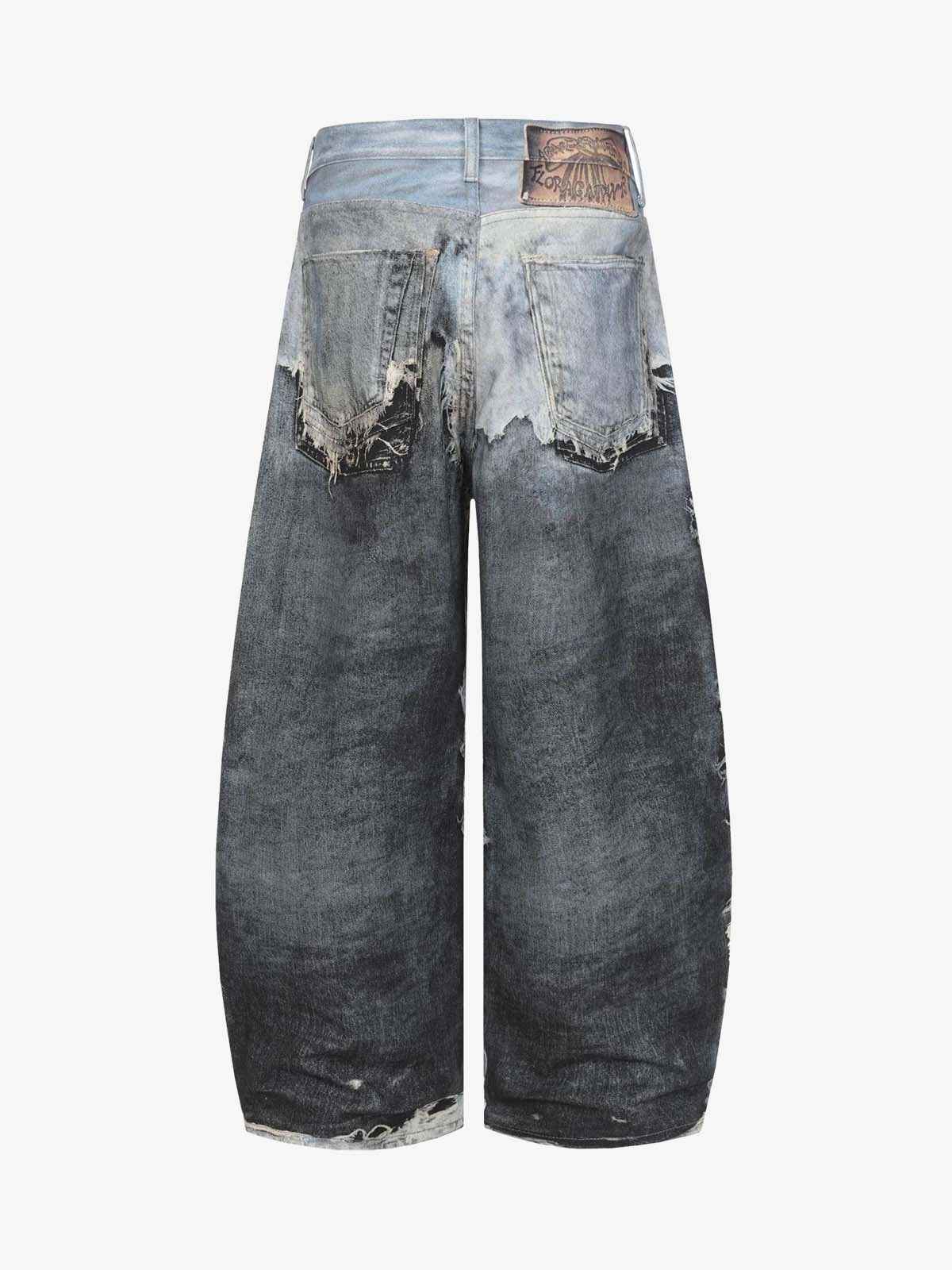 Distressed Patchwork Wide Leg Washed Denim Jeans