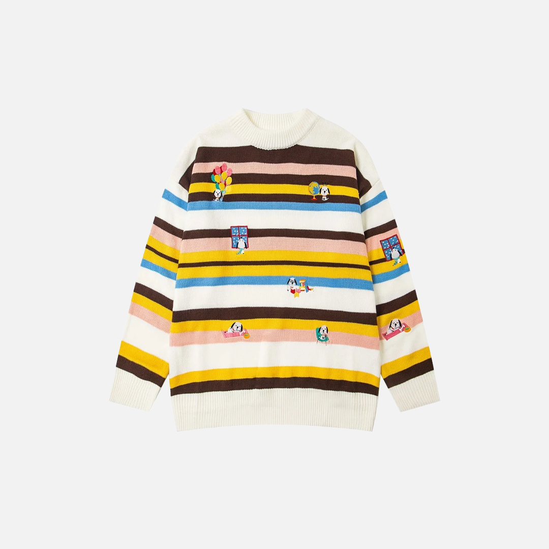 Embroidered Crew Neck Collar Contrast Paneled Striped Sweater - Luxuryurbanwear