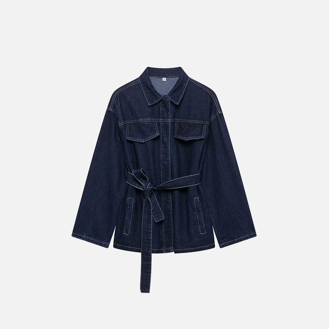 Everyday Essential Lapel Neck With Belt Denim Jacket - Luxuryurbanwear