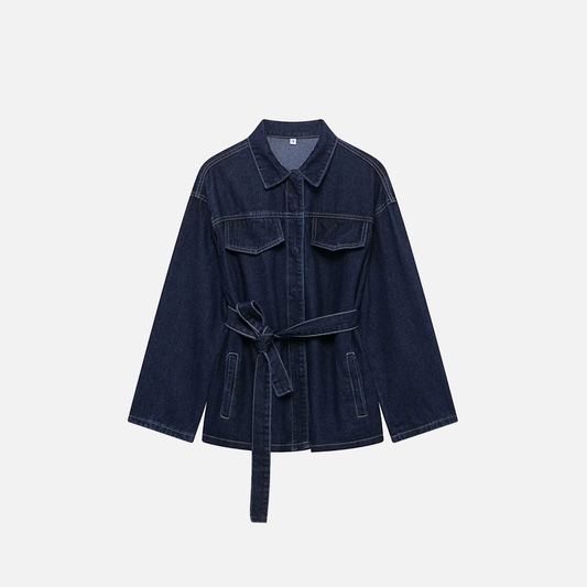 Everyday Essential Lapel Neck With Belt Denim Jacket - Luxuryurbanwear