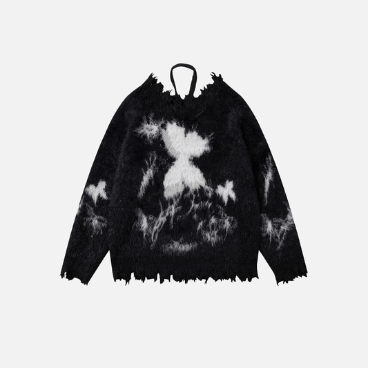 Butterfly Graphic Distressed Hem Fuzzy Sweater - Luxuryurbanwear