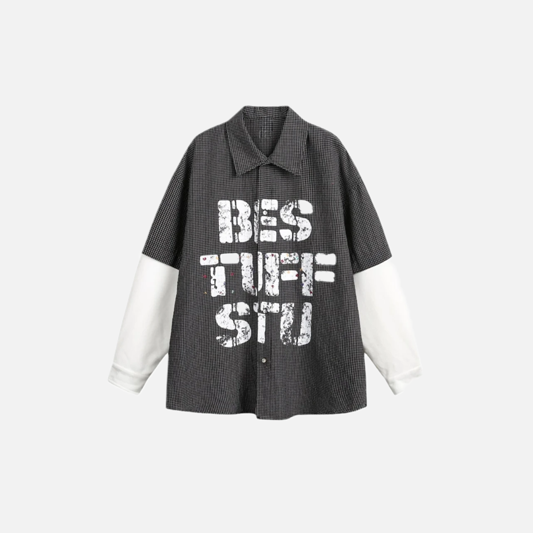 Y2K Oversized Fake Two Piece Plaid Long Sleeve Shirt - Luxuryurbanwear