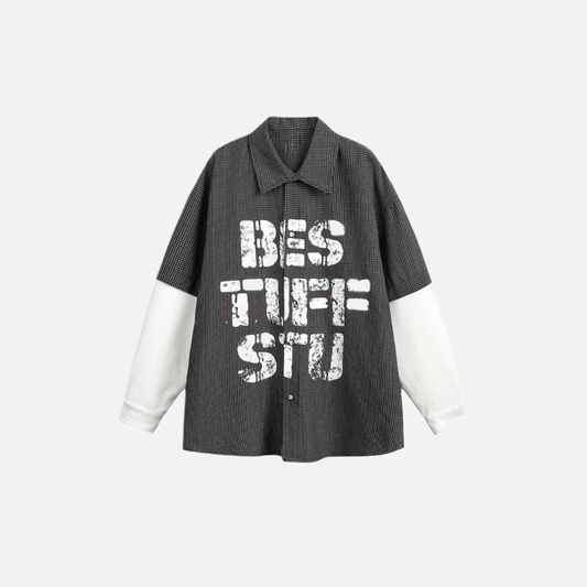 Y2K Oversized Fake Two Piece Plaid Long Sleeve Shirt - Luxuryurbanwear