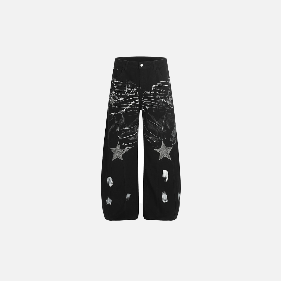 Streetwear Black Diamond Star Patchwork Wide Leg Jeans - Luxuryurbanwear