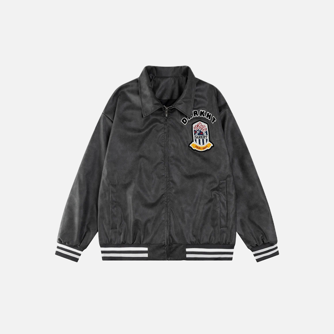 Chic Retro Letter Embroidery Leather Varsity Jacket - Luxuryurbanwear