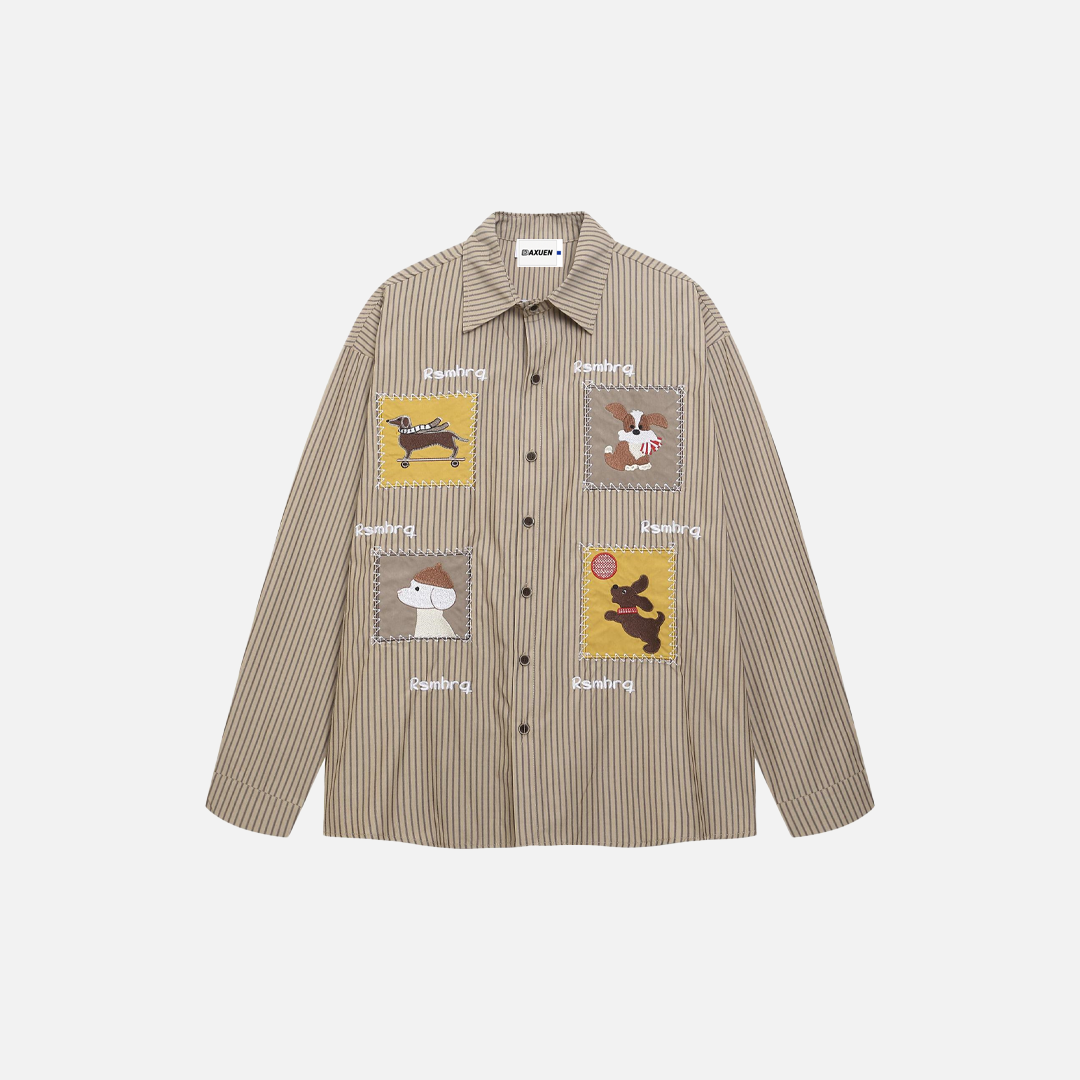Retro Striped Embroidered Oversized Long Sleeve Shirt - Luxuryurbanwear