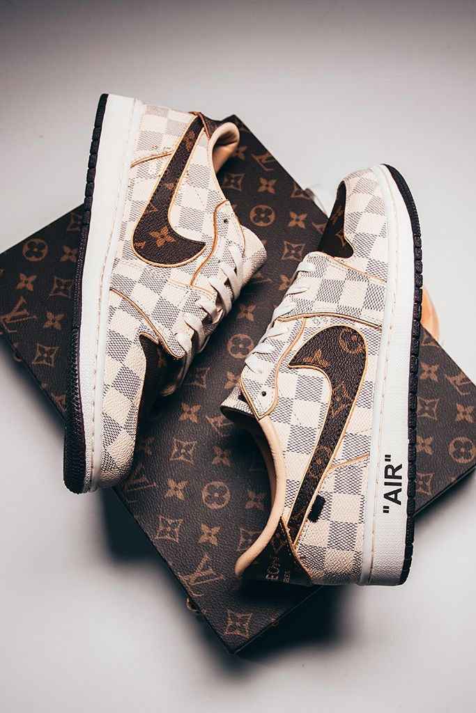 Custom Air Jordan 1 Low Damier Azur Brown Monogram Sneakers SneakerNational
