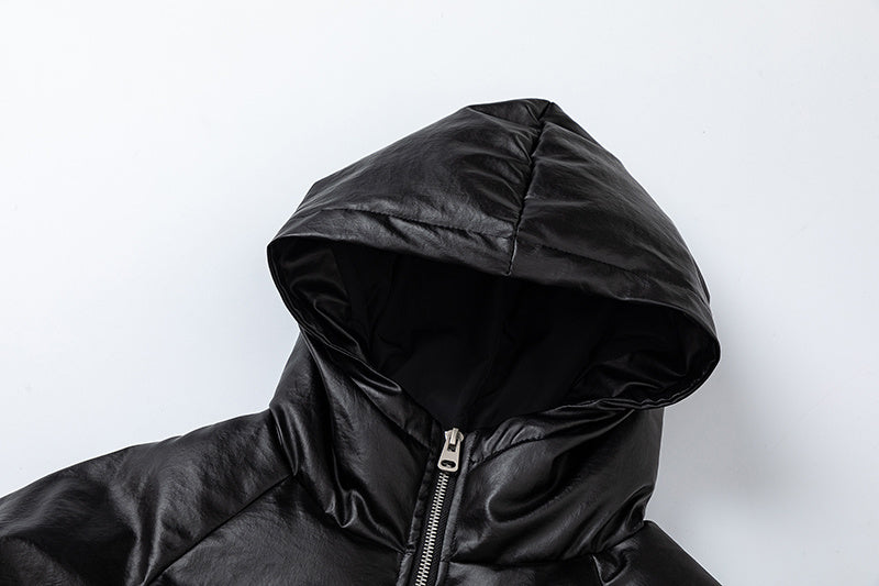 Leather Hooded | Zip-Up Puffer Jacket - Luxuryurbanwear
