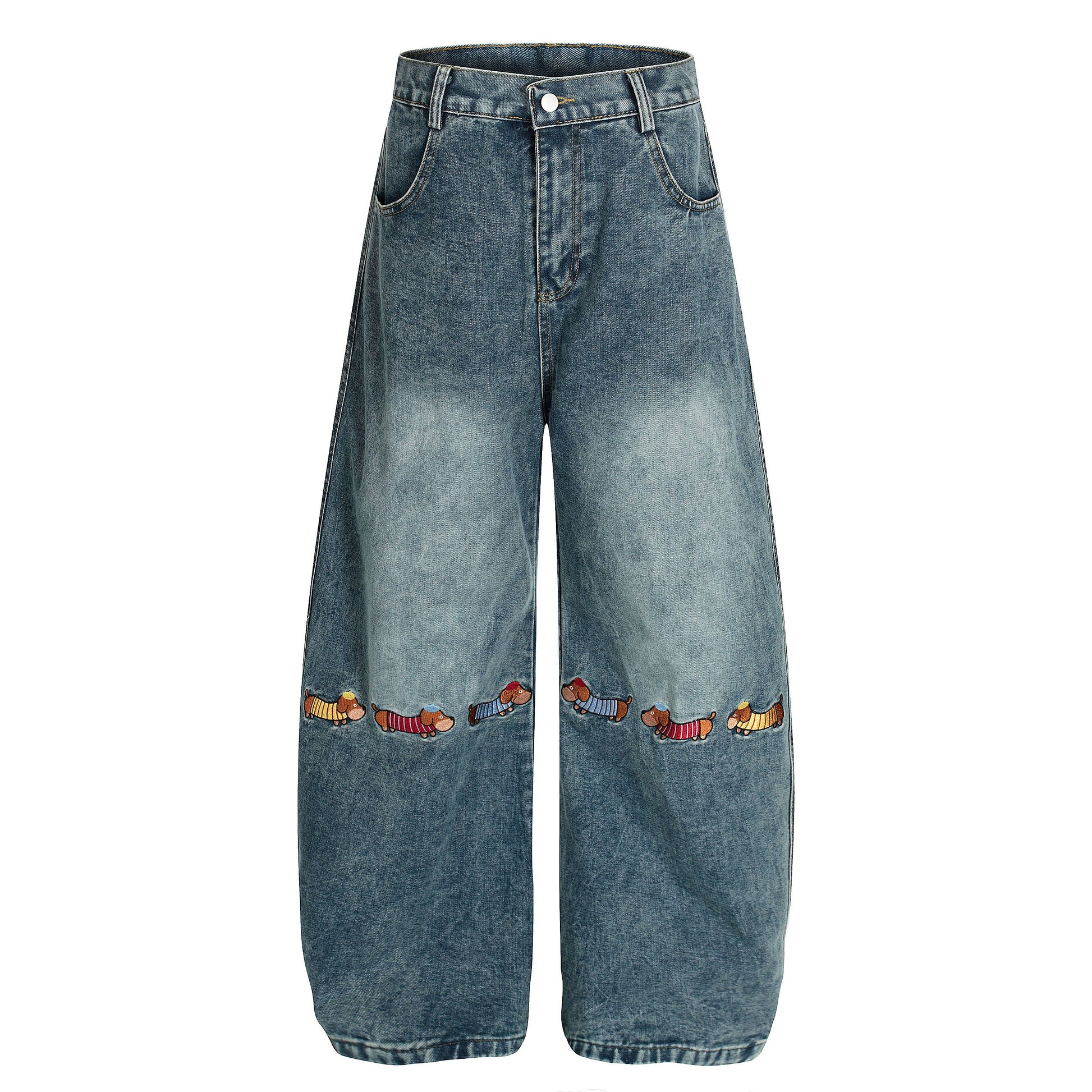 Pup Parade | Playful Dog Embroidered Denim Pants - Luxuryurbanwear