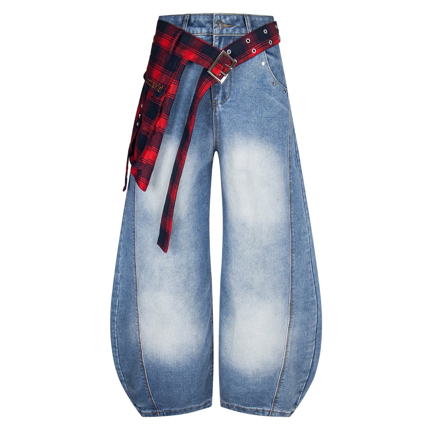 Plaid Reign | Wide-Leg Denim Trousers with Flannel Accent - Luxuryurbanwear