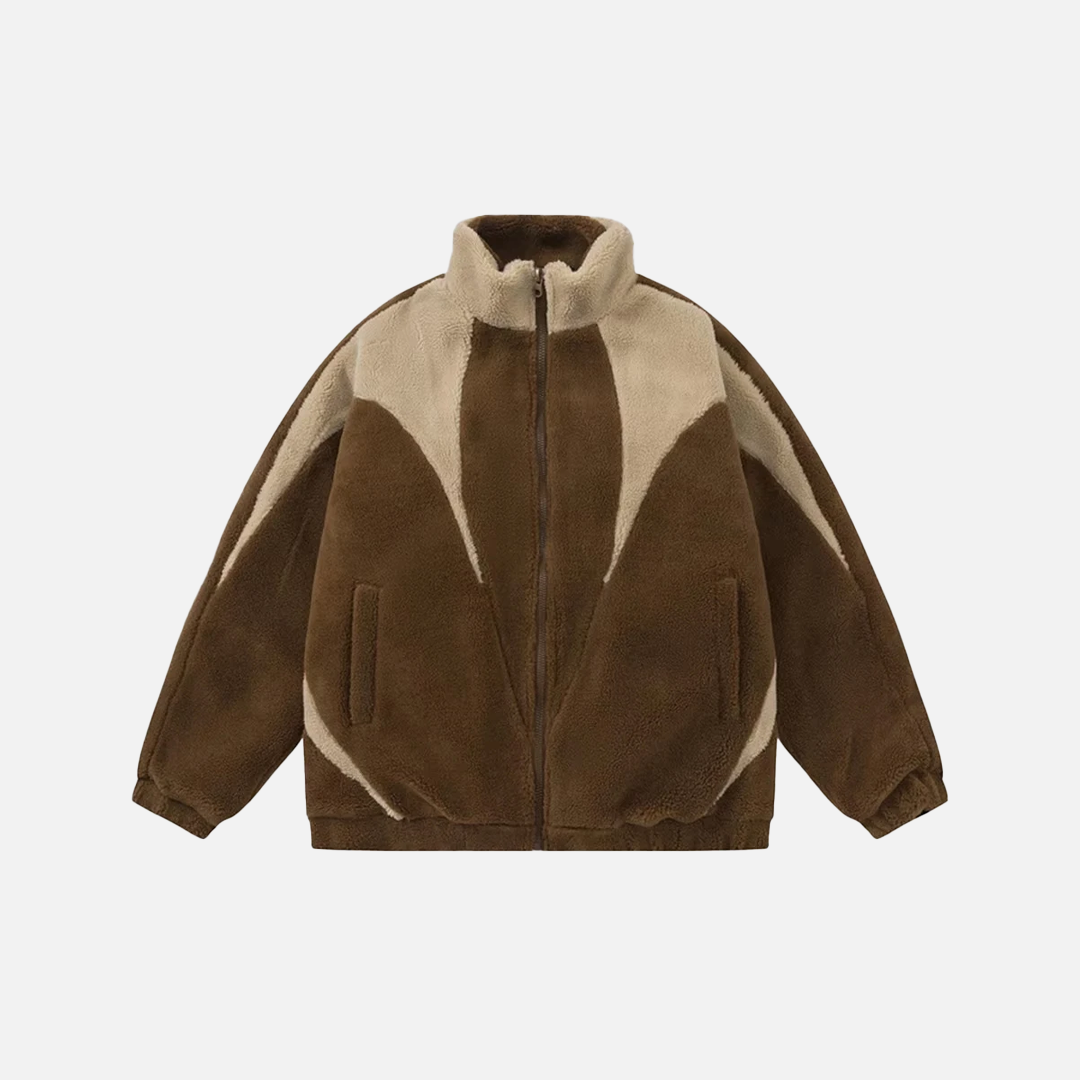 Breathable Cozy Plush Fleece Color Block Furry Jacket - Luxuryurbanwear