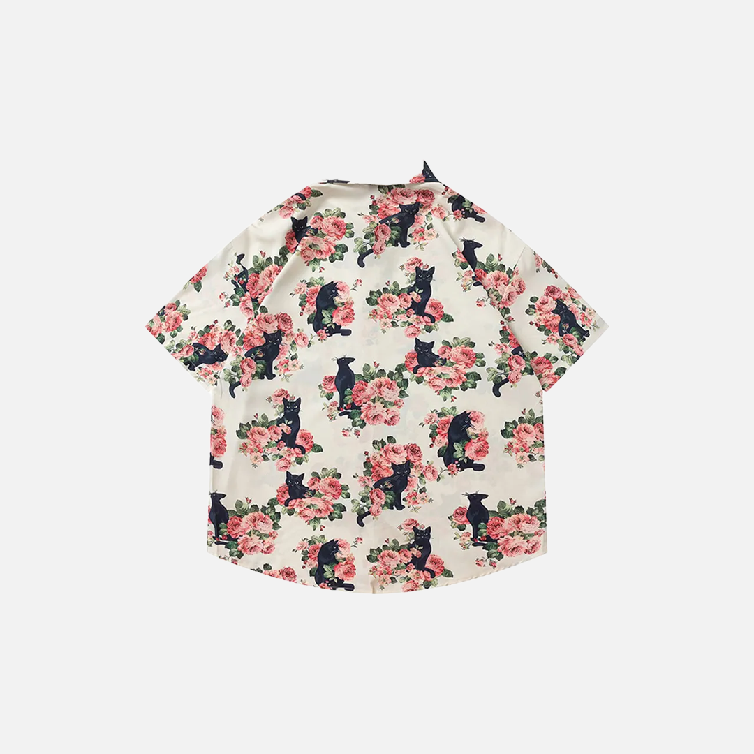 Streetwear Black Cat Floral Cool Button-Up Shirt - Luxuryurbanwear