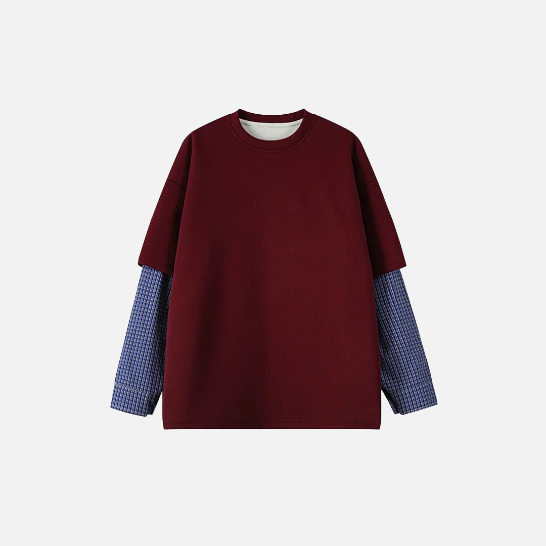 Blue Plaid Fake Two-Piece Long Sleeve T-Shirt - Luxuryurbanwear