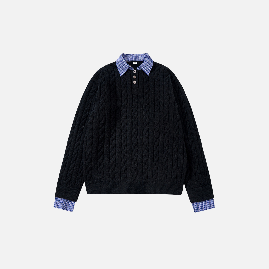 Stylish Fake Two Piece Preppy Check Collar Sweater - Luxuryurbanwear