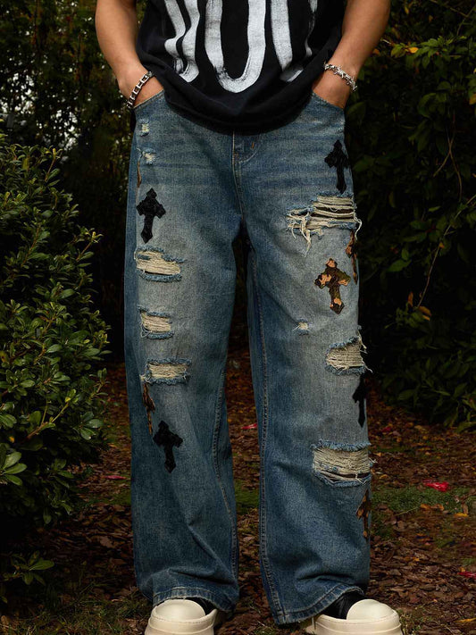 Vintage Wash Camo Cross Applique Distressed Straight Jeans