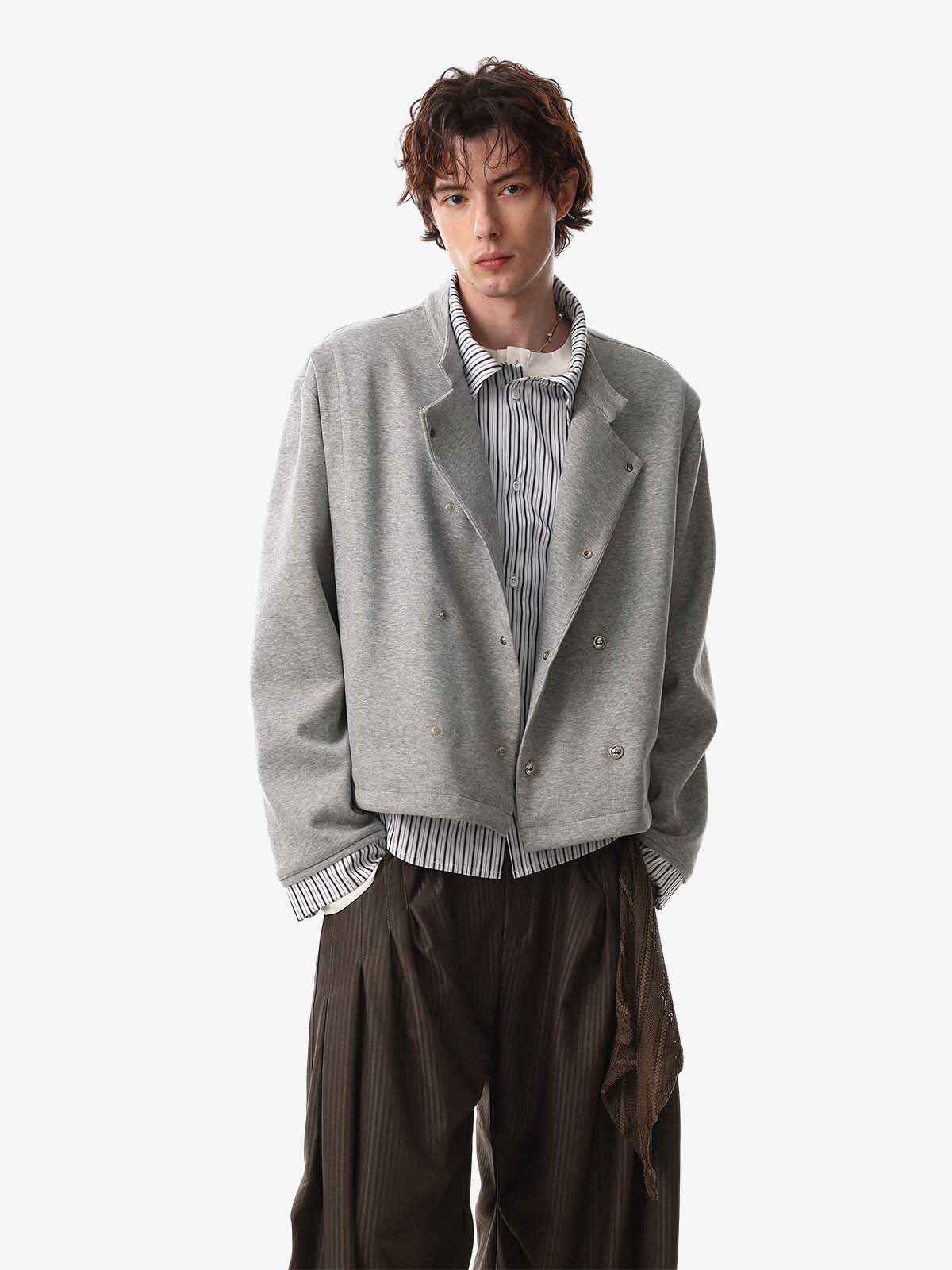 Button Detail Striped Panel Faux Layered Jacket