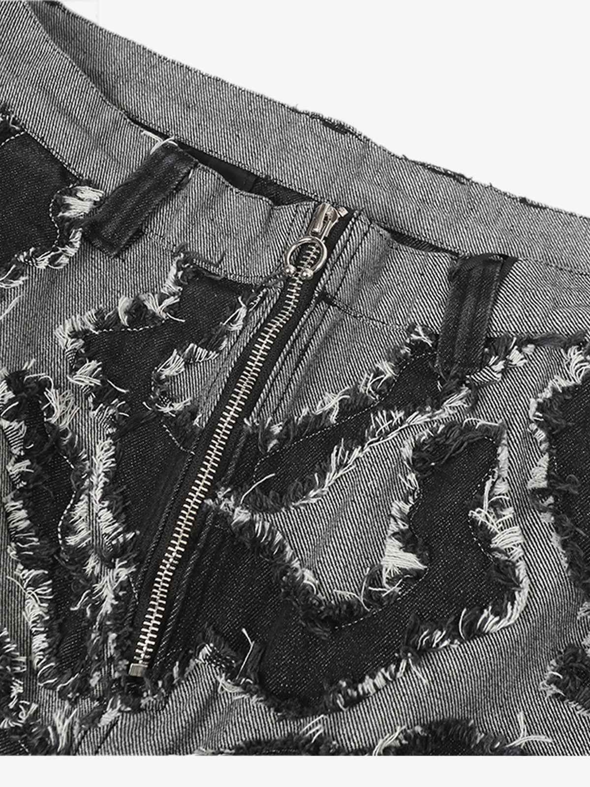 Frayed Zebra Striped Patchwork Wide Leg Jeans