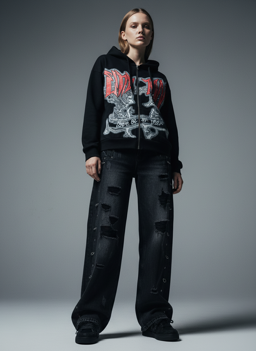 Retro Gothic Print Rhinestone Zip-Up Hoodie - Luxuryurbanwear