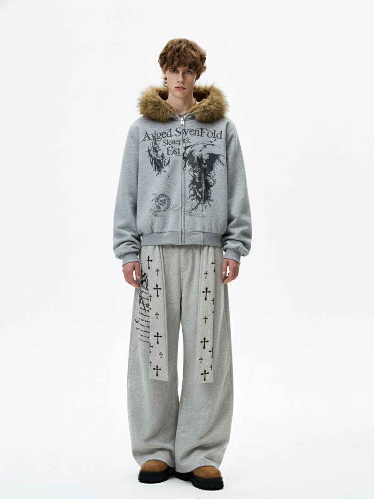 Cross Print Long Tie Detail Baggy Sweatpants