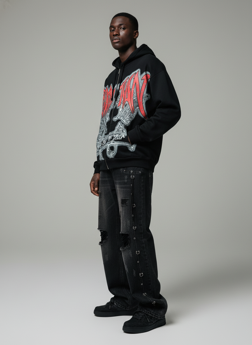 Retro Gothic Print Rhinestone Zip-Up Hoodie - Luxuryurbanwear