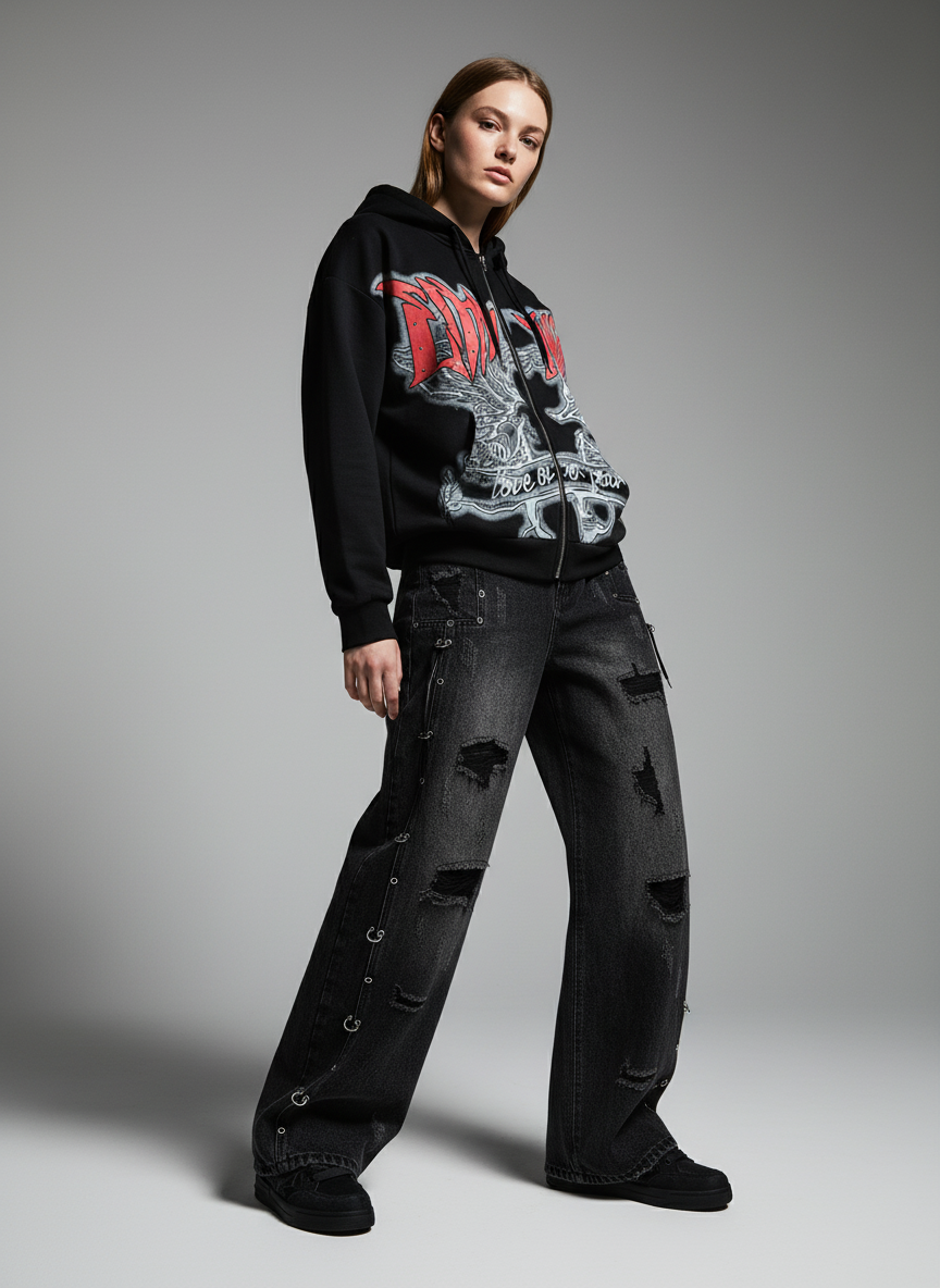 Retro Gothic Print Rhinestone Zip-Up Hoodie - Luxuryurbanwear