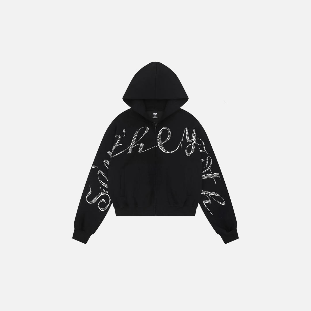 Investment Piece Rhinestone Zip Up Hooded Cotton Sweatshirt - Luxuryurbanwear