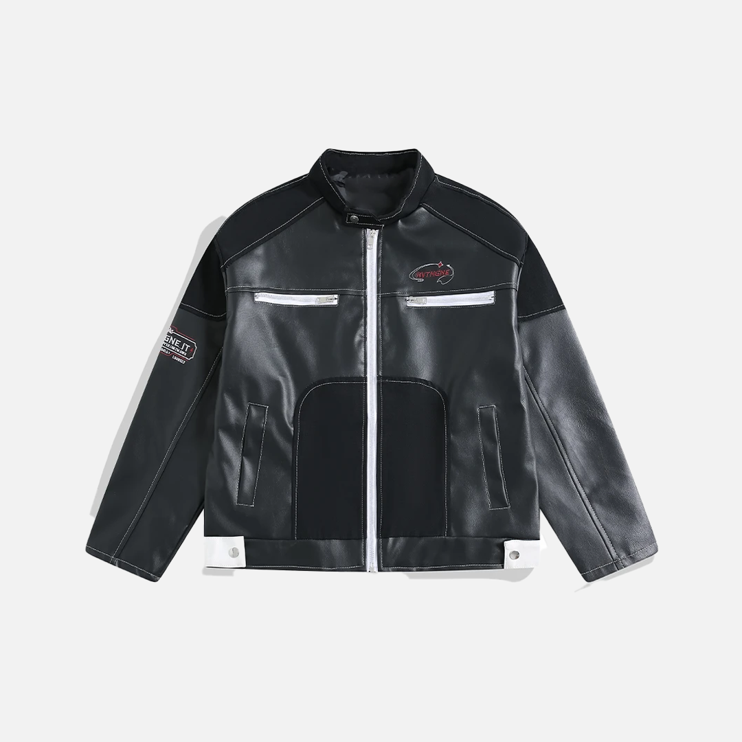 Stylish Patchwork Zipper Leather PU Race Jacket - Luxuryurbanwear