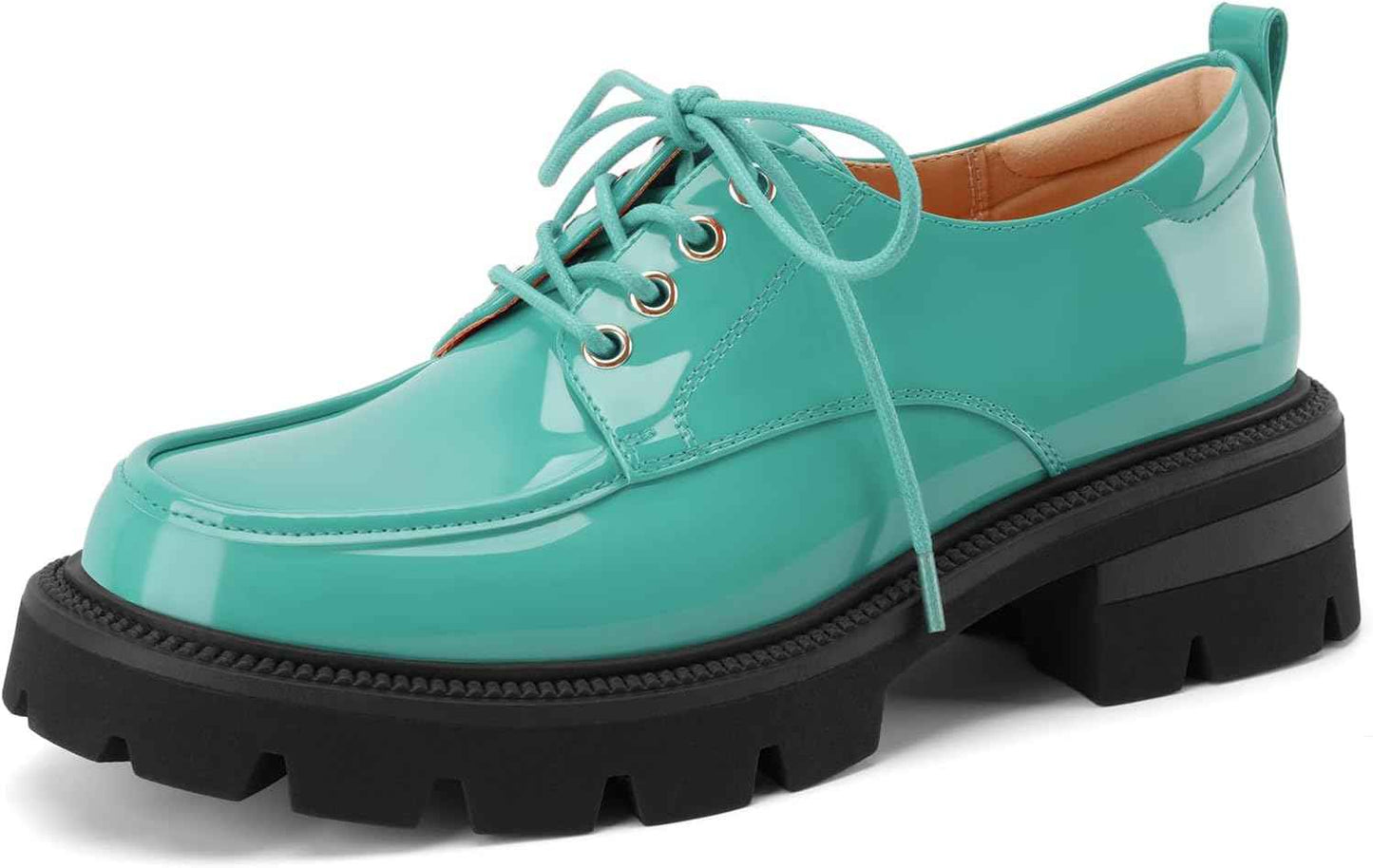 Women's Platform Low Chunky Block Heeled Oxfords Closed Round Toe Lace Up Non-Slip Patent Leather Oxford Heels Lug Sole Casual Dress Comfortable Work Pumps Shoes