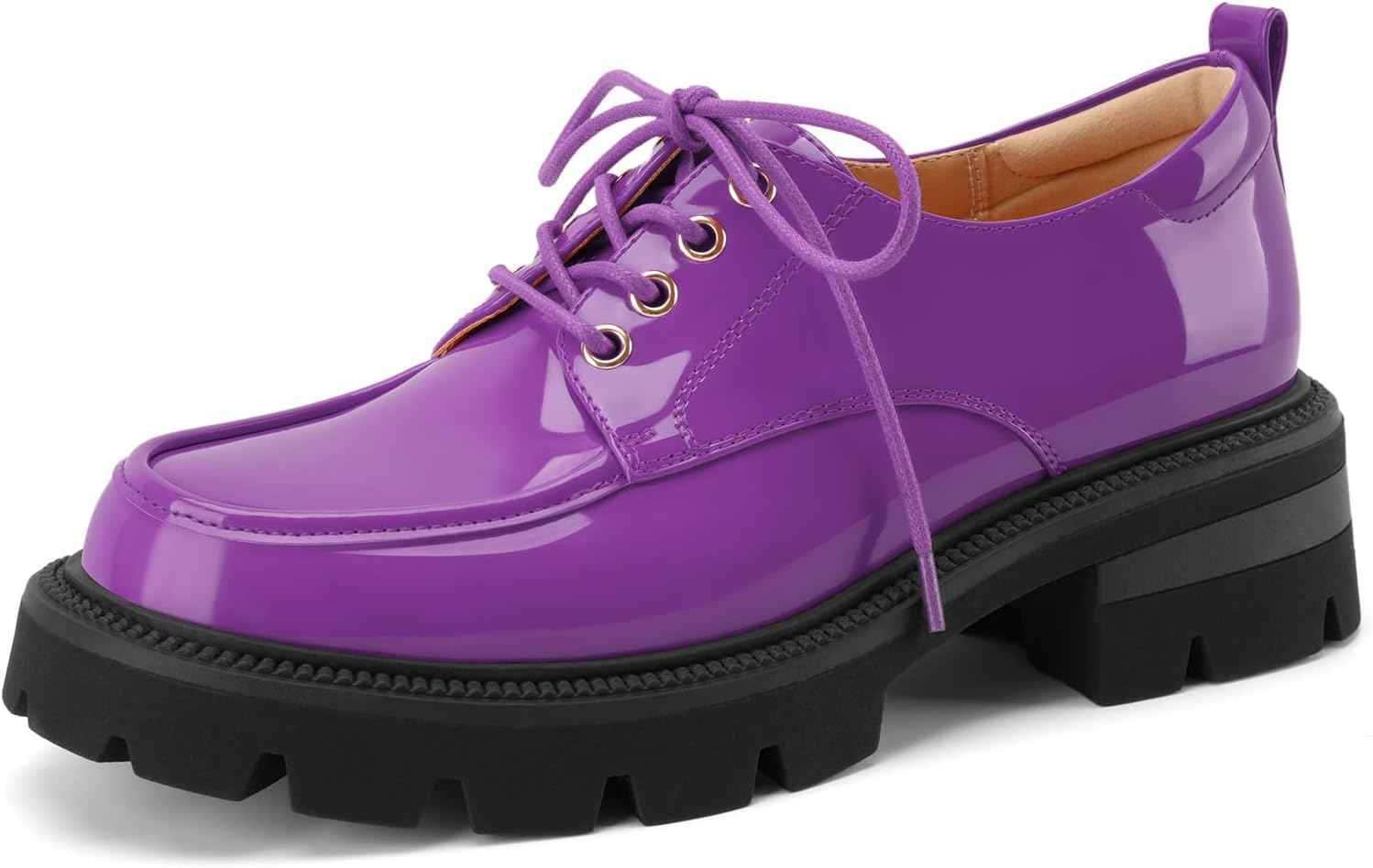 Women's Platform Low Chunky Block Heeled Oxfords Closed Round Toe Lace Up Non-Slip Patent Leather Oxford Heels Lug Sole Casual Dress Comfortable Work Pumps Shoes