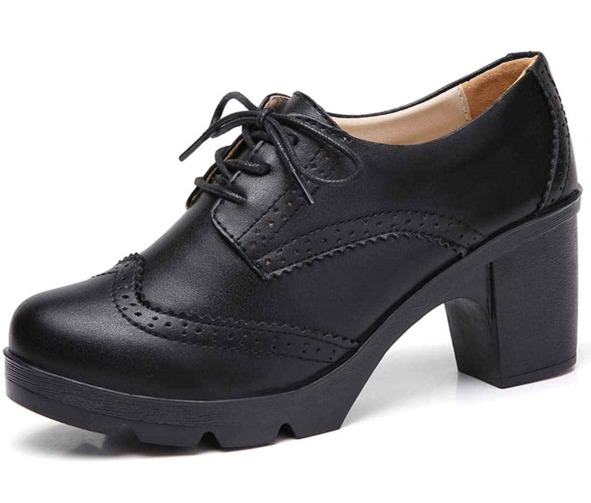 DADAWEN Women's Leather Classic Lace Up Platform Chunky Mid-Heel Square Toe Oxfords Dress Pump Shoes