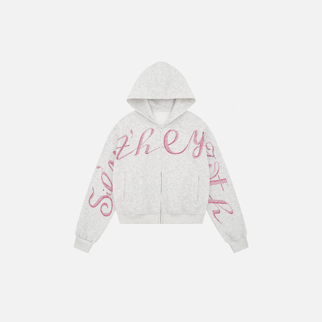 Investment Piece Rhinestone Zip Up Hooded Cotton Sweatshirt - Luxuryurbanwear