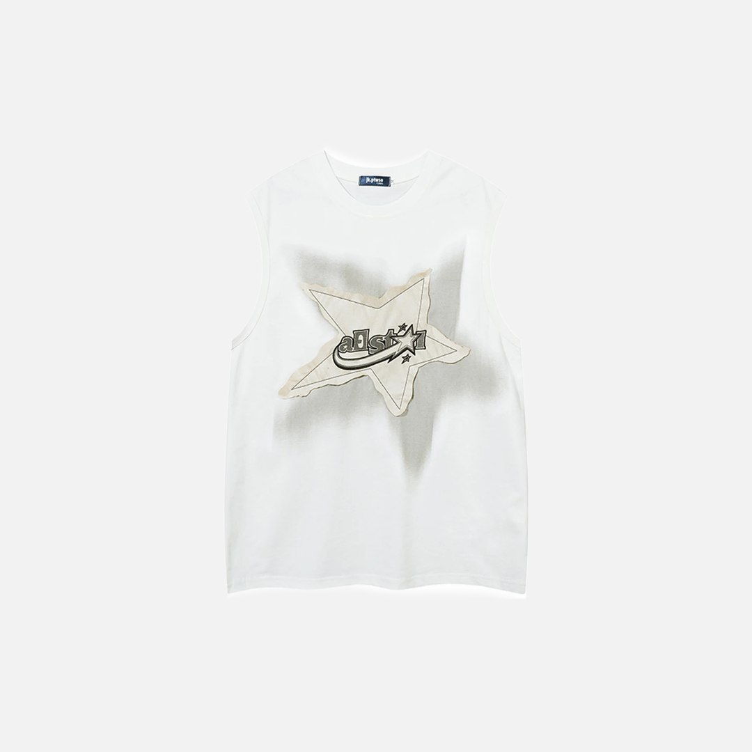 Y2K Cool Oversized Star Patchwork Sleevless T-Shirt - Luxuryurbanwear