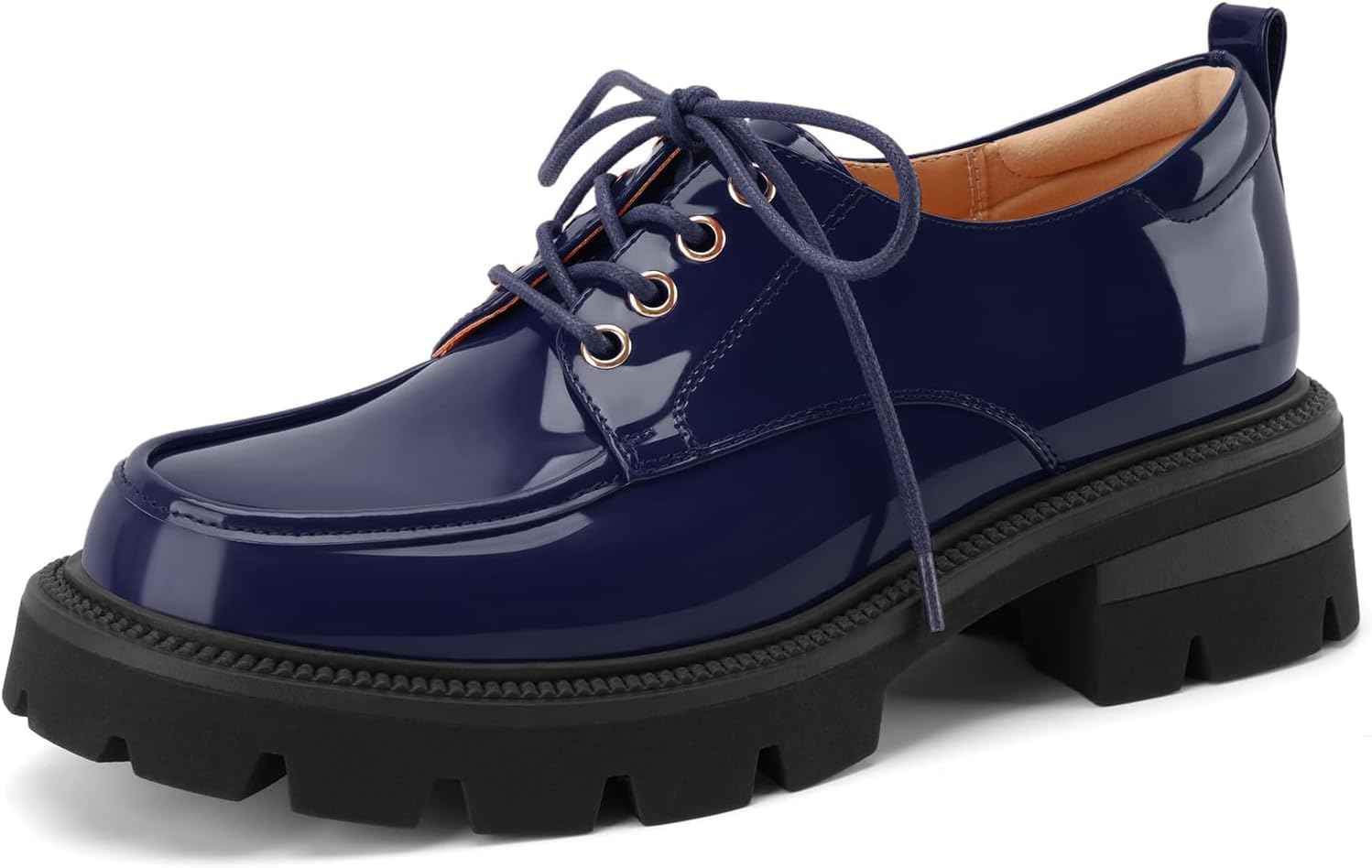 Women's Platform Low Chunky Block Heeled Oxfords Closed Round Toe Lace Up Non-Slip Patent Leather Oxford Heels Lug Sole Casual Dress Comfortable Work Pumps Shoes