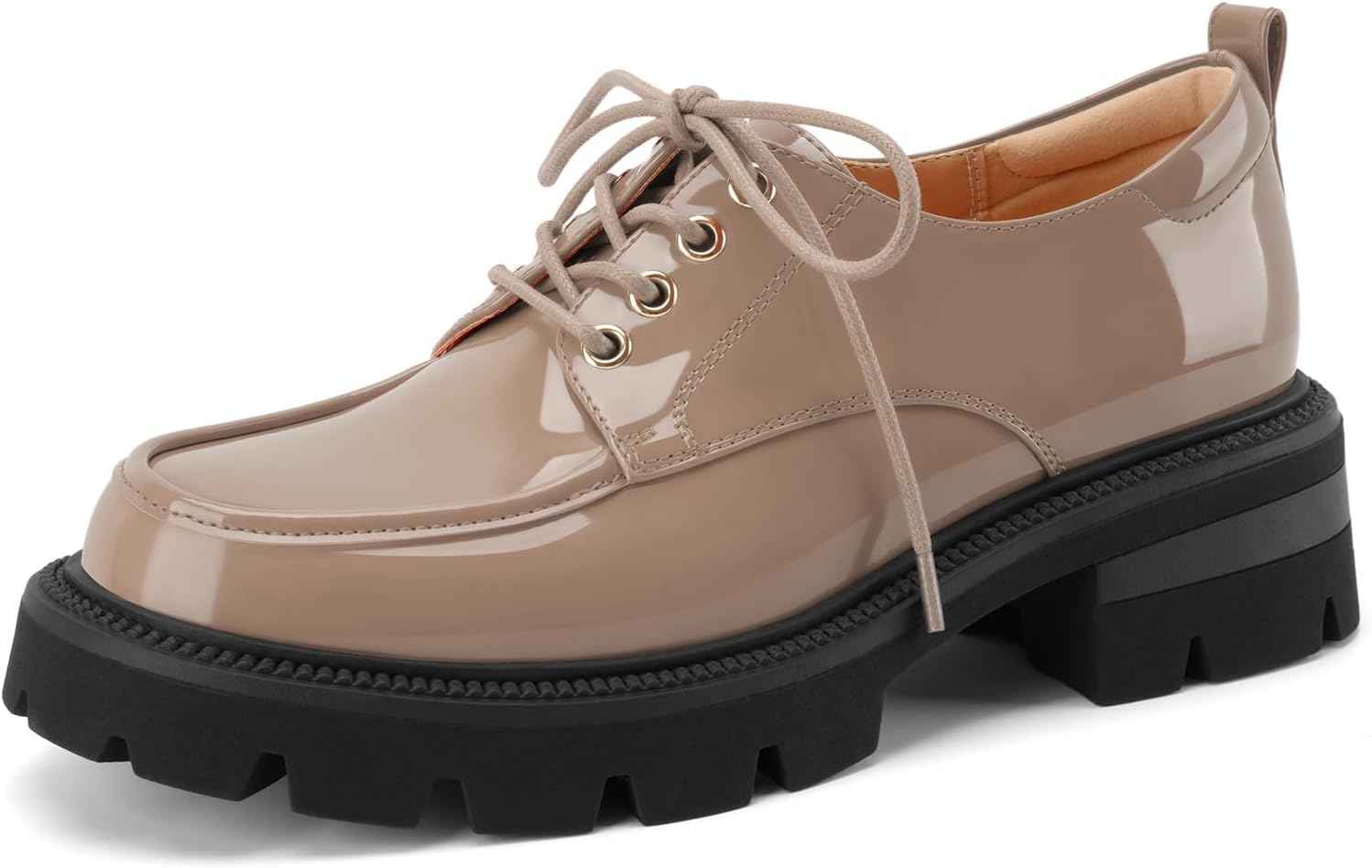 Women's Platform Low Chunky Block Heeled Oxfords Closed Round Toe Lace Up Non-Slip Patent Leather Oxford Heels Lug Sole Casual Dress Comfortable Work Pumps Shoes