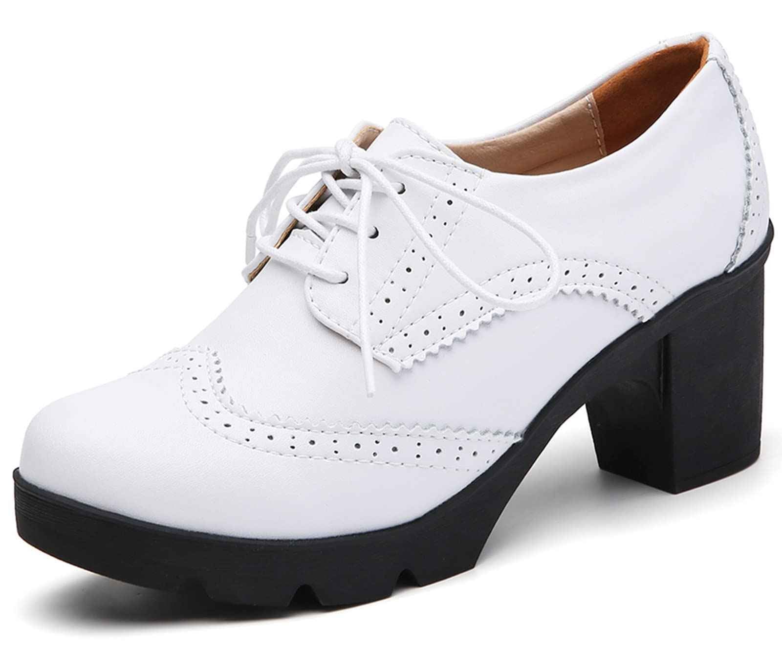 DADAWEN Women's Leather Classic Lace Up Platform Chunky Mid-Heel Square Toe Oxfords Dress Pump Shoes