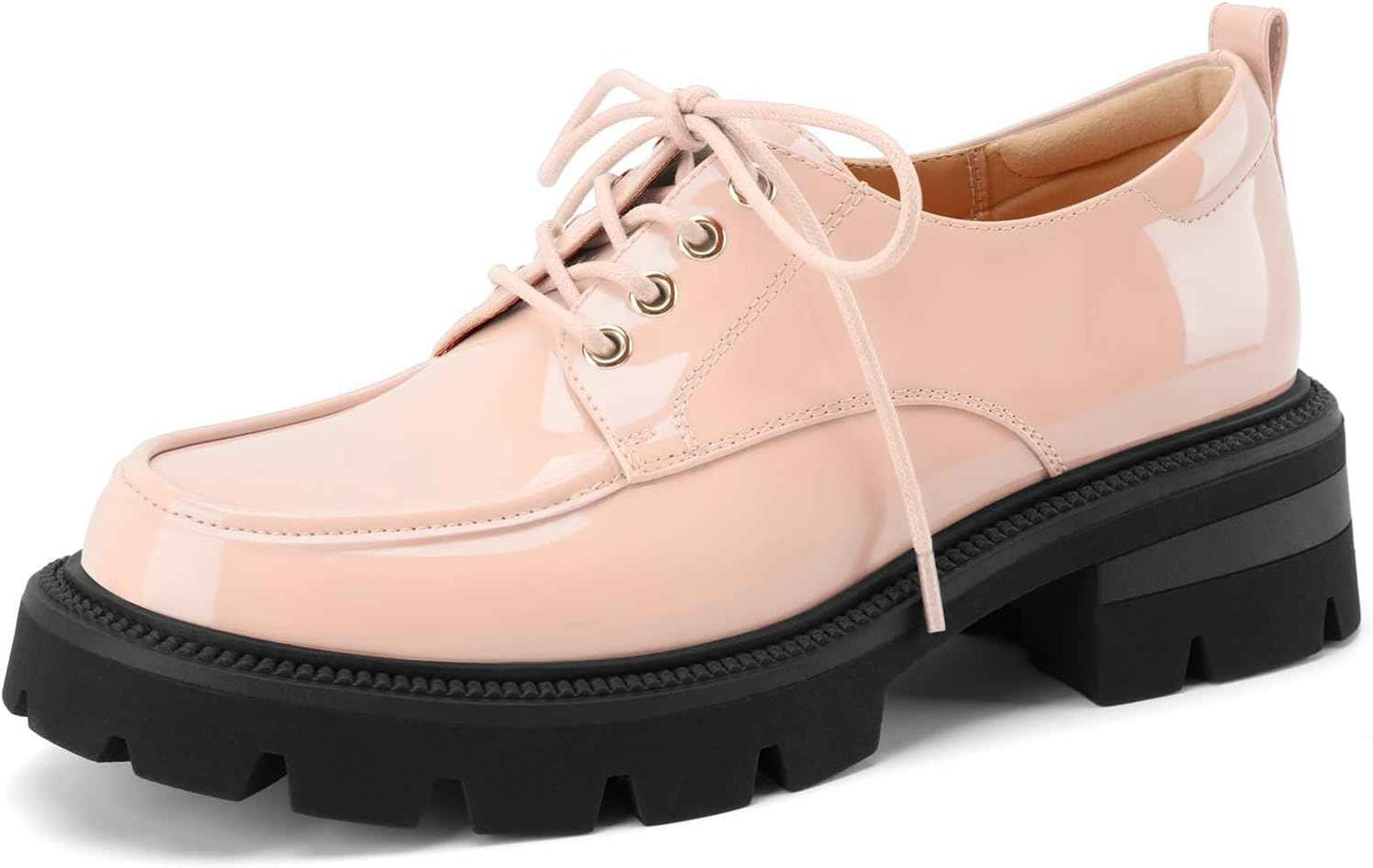Women's Platform Low Chunky Block Heeled Oxfords Closed Round Toe Lace Up Non-Slip Patent Leather Oxford Heels Lug Sole Casual Dress Comfortable Work Pumps Shoes