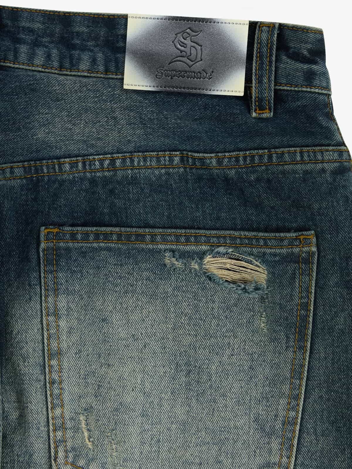 Retro Rhinestone Letter Embroidery Distressed Baggy Jeans - Luxuryurbanwear