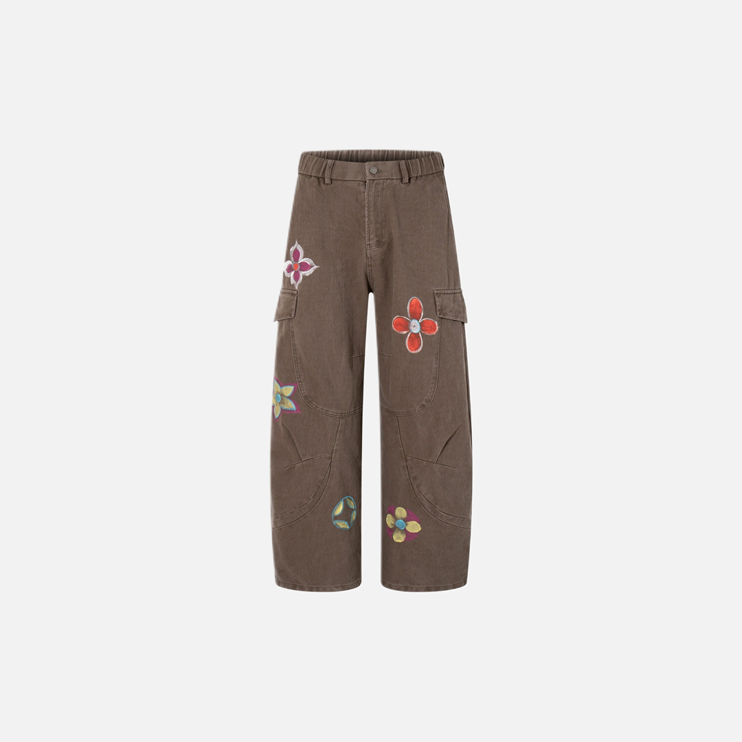 Unique Hand-Painted Floral Design Wide-Leg Cargo Jeans - Luxuryurbanwear