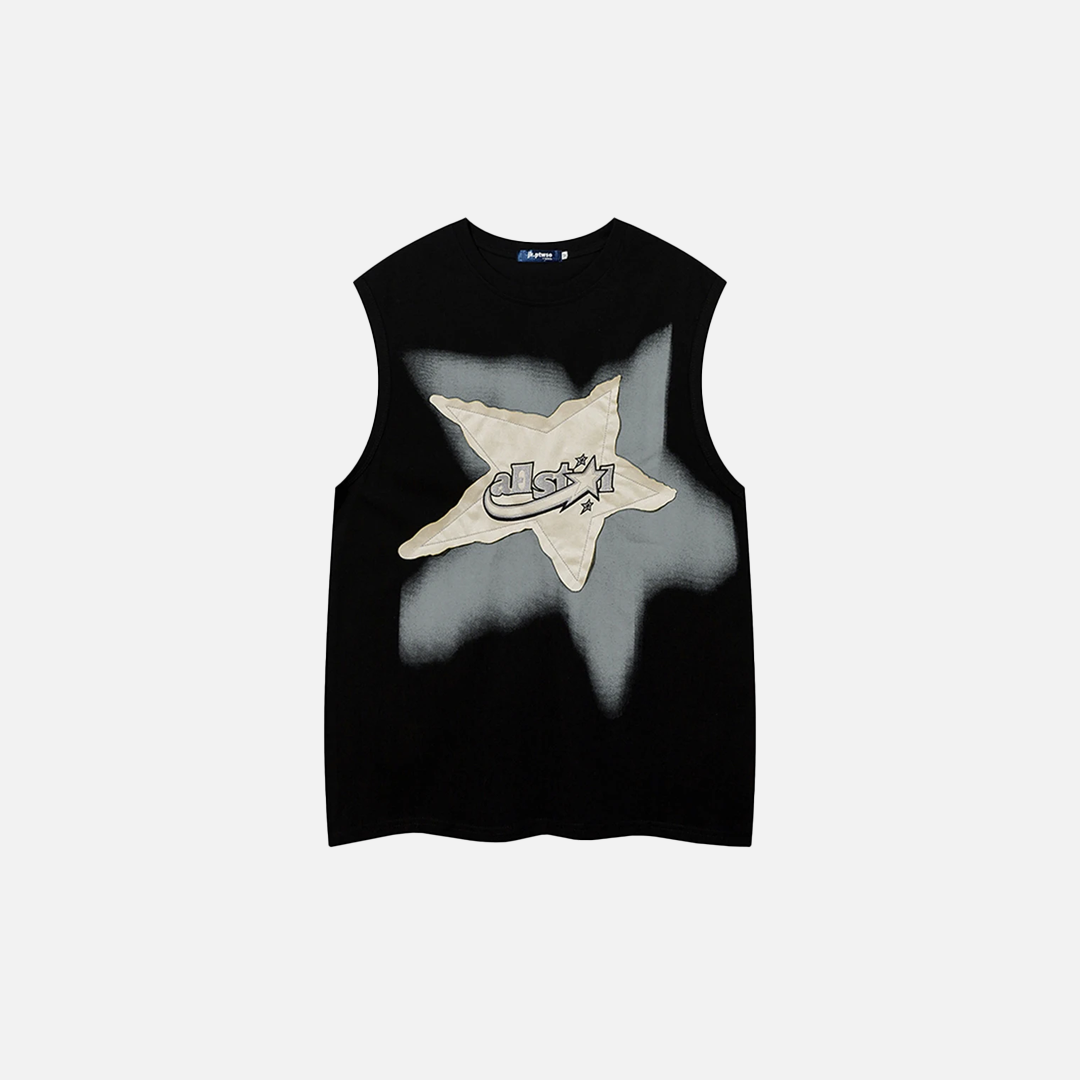 Y2K Cool Oversized Star Patchwork Sleevless T-Shirt - Luxuryurbanwear