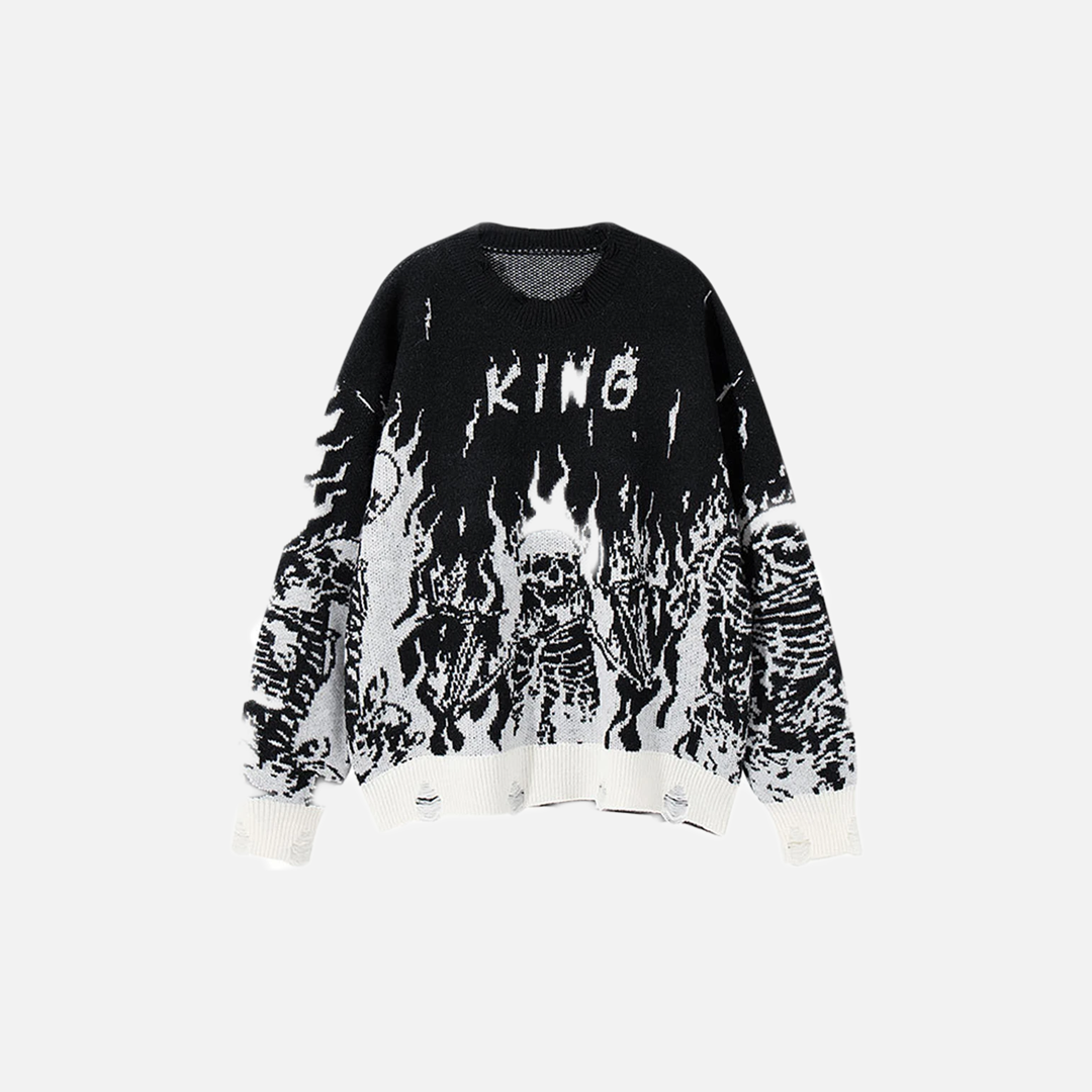Signature Skulls Graphic Oversized Knit Ripped Sweater - Luxuryurbanwear