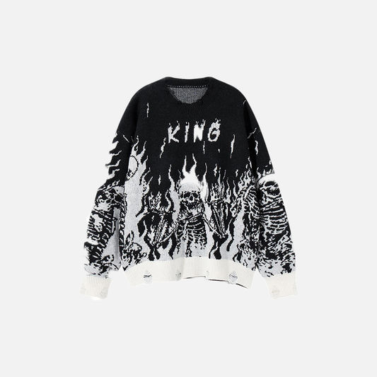 Signature Skulls Graphic Oversized Knit Ripped Sweater - Luxuryurbanwear